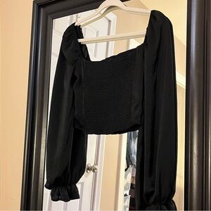Black Puff Sleeve Smocked Crop Blouse